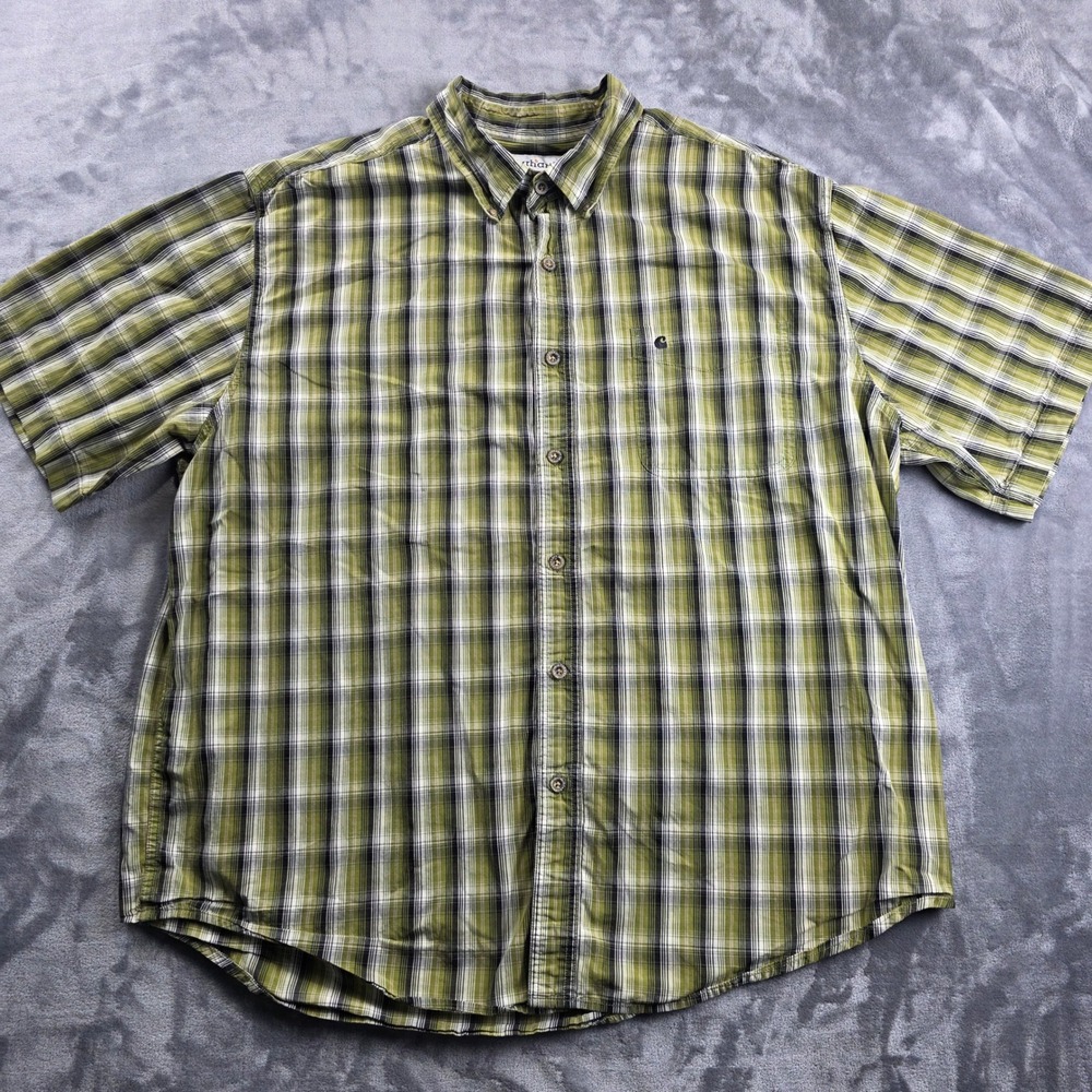 Carhartt Button Down Shirt Men 2XL Green Plaid Short Sleeve Cotton‎ Workwear
